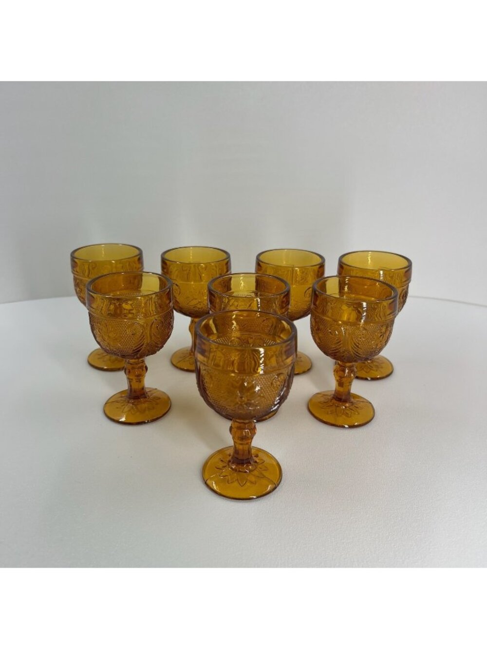 Tiara Indiana Amber Sandwich Glass Cordial Wine Goblet Daisy Star Base Set of 8